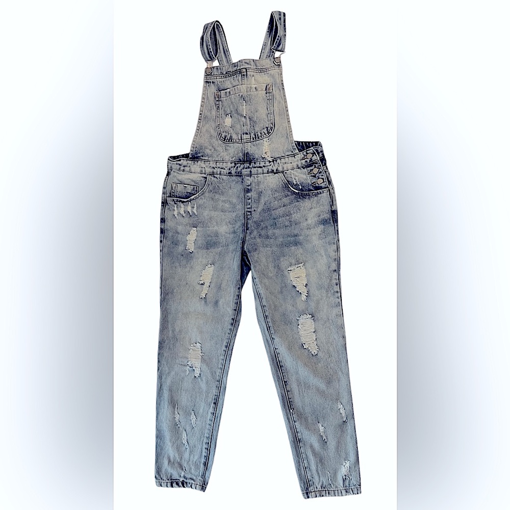 Forever 21 Woman’s overall, size medium, distressed light jeans material